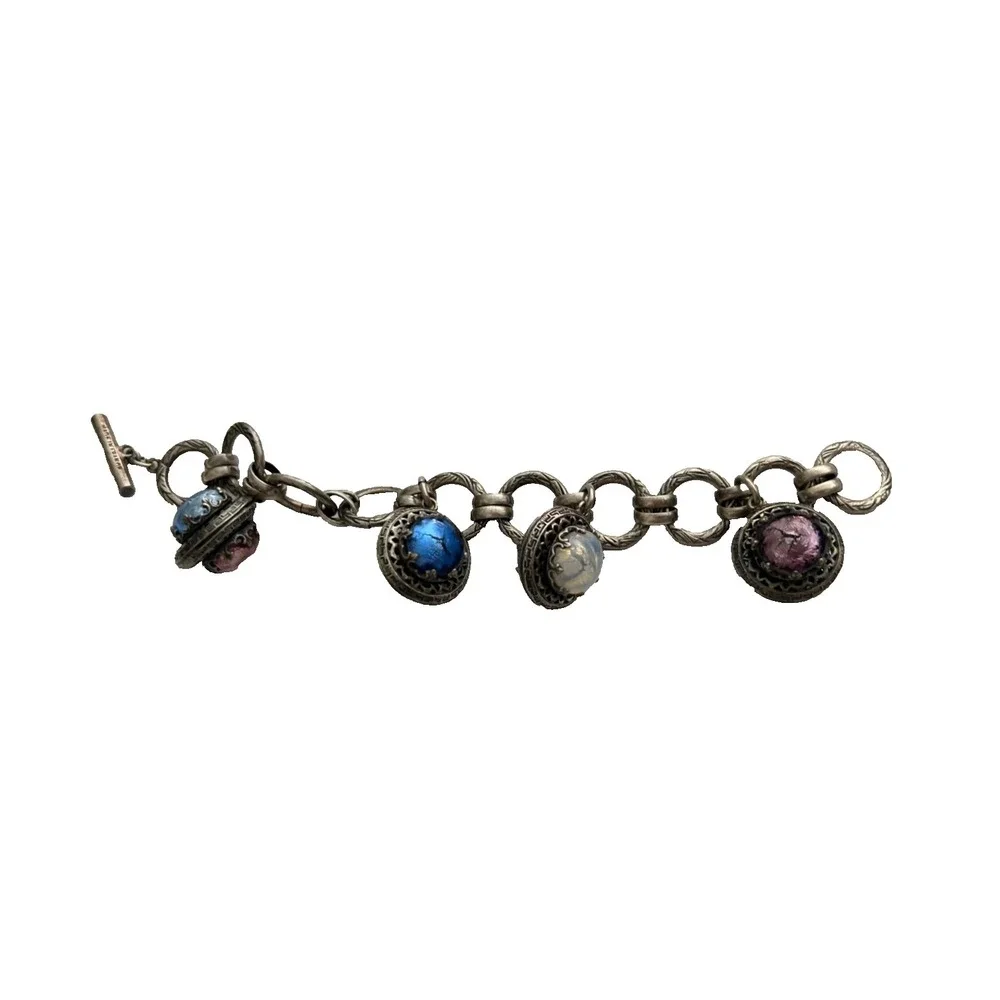Vintage 70s Made in France Silver Charm Bracelet Art Glass Foil Cabochon Toggle